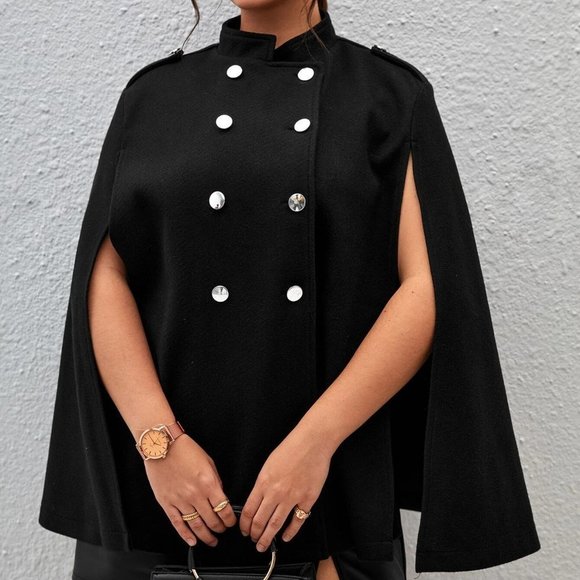 . Jackets & Blazers - Black Boho Womens Plus Double Breasted Cloak Sleeve Overcoat